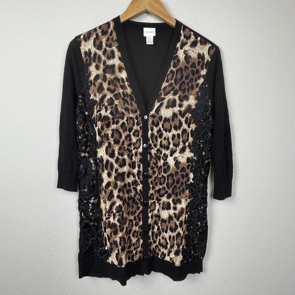 Chico's M Button Knit Top‎ Animal Print Embroidered Boho Grundge Whimsigoth